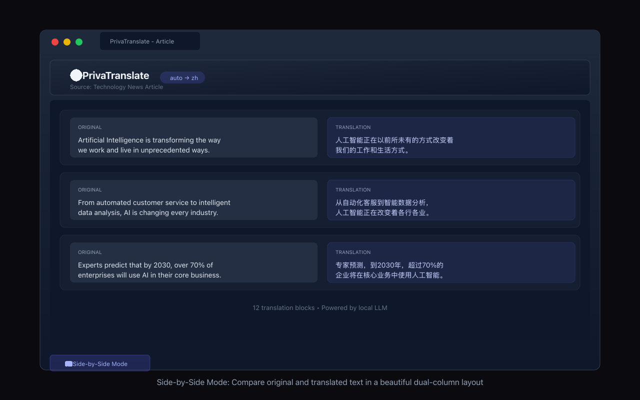 PrivaTranslate Side-by-Side Mode